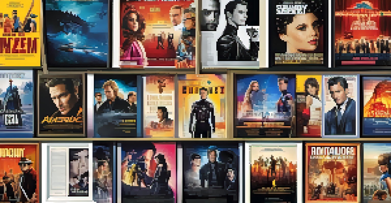 A creative collage of iconic movie posters showcasing famous actors, arranged with colorful borders.
