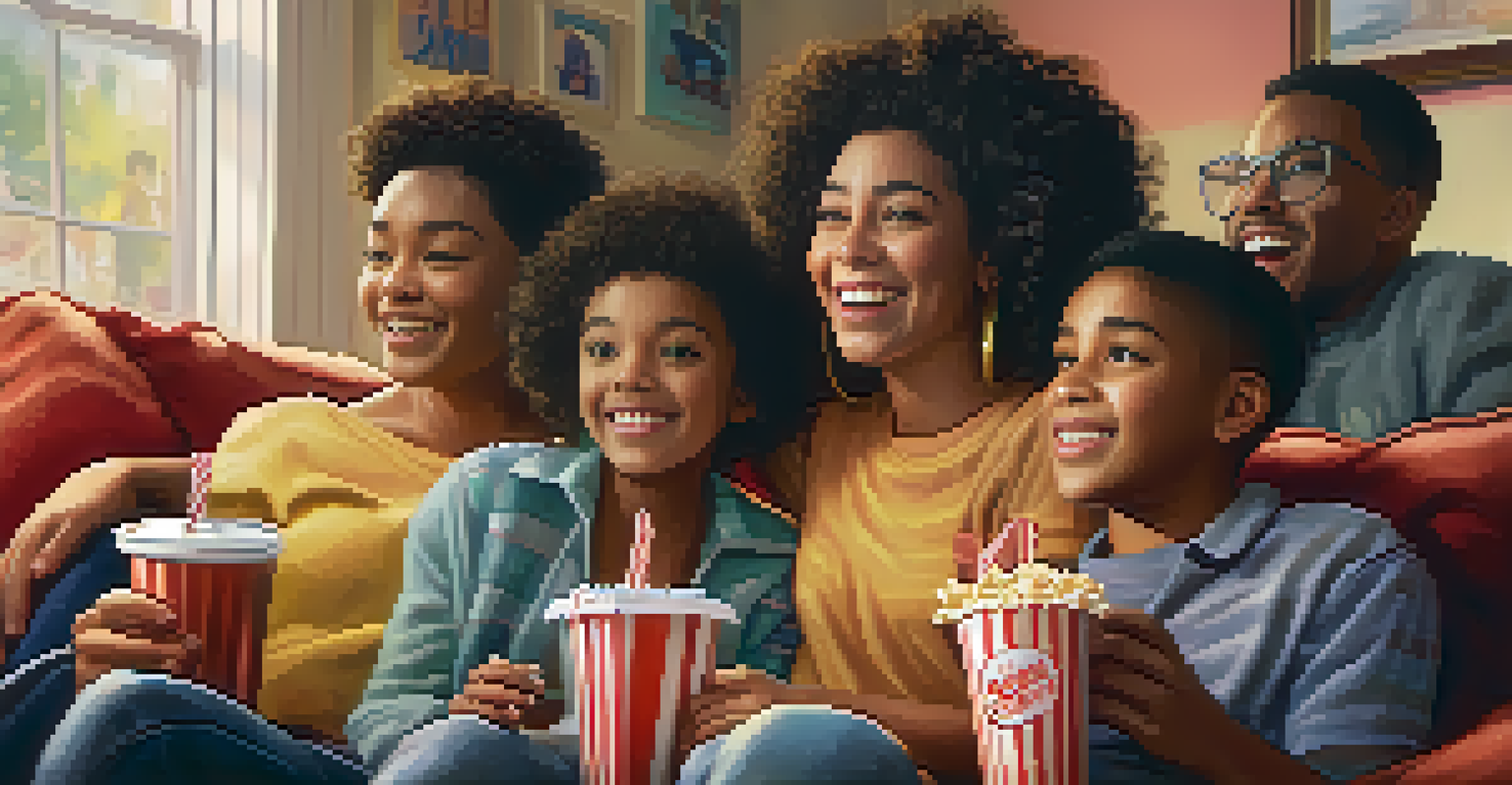 A diverse group of young people enjoying a movie together, showcasing joy and engagement in a cozy setting.