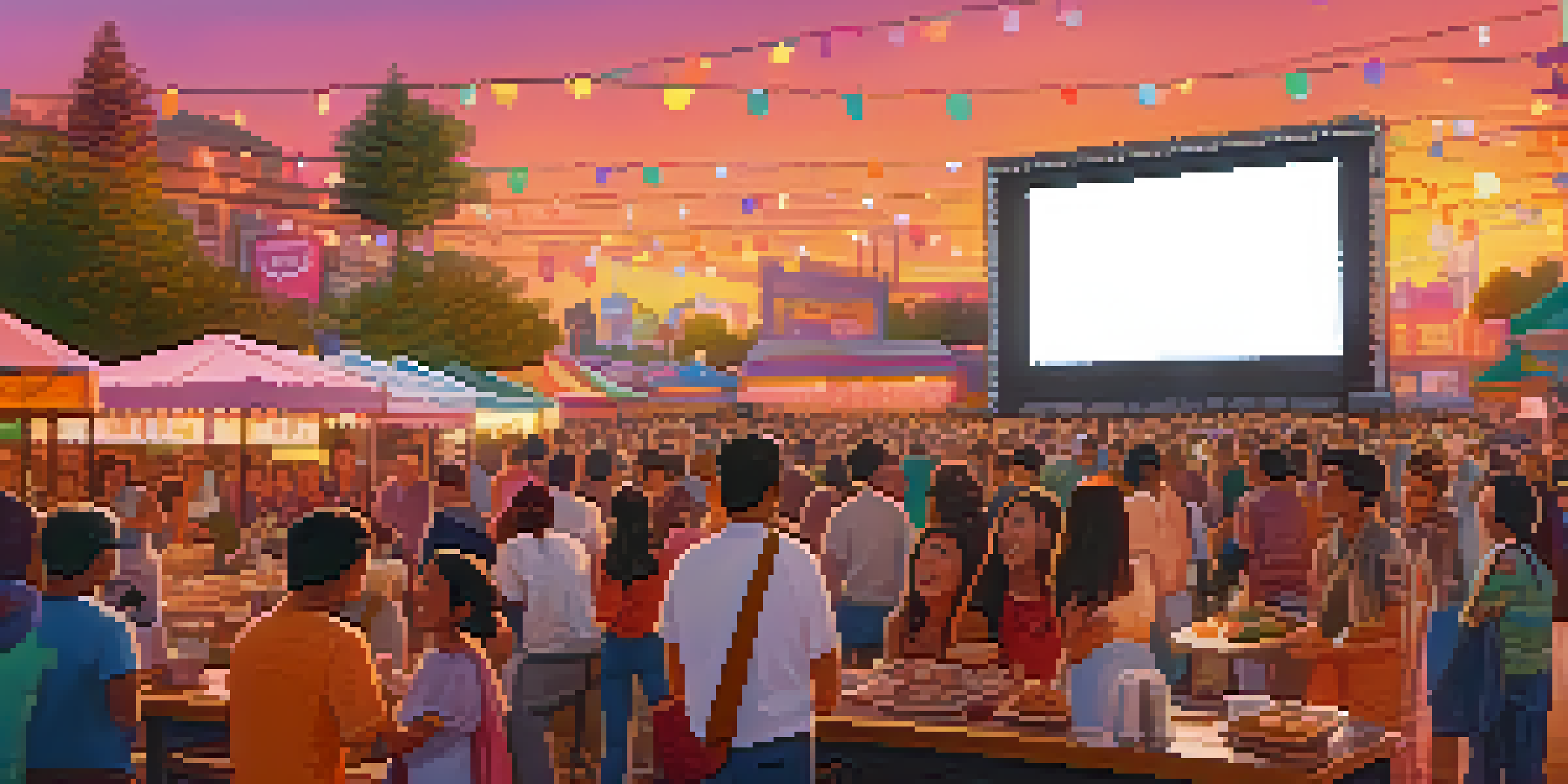 A lively outdoor film festival with a large screen, diverse crowd, and colorful lights during sunset.