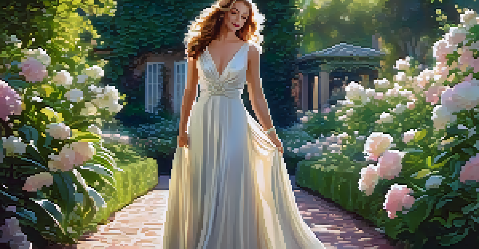 An elegant woman in a pearl necklace standing in a lush garden with blooming flowers.