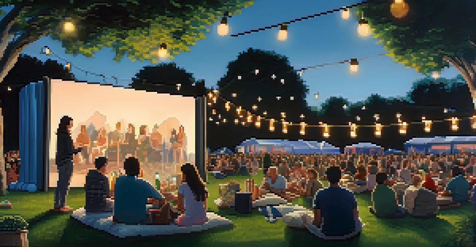 An outdoor film festival at dusk with a large inflatable screen, attendees sitting on blankets, and fairy lights in the trees.