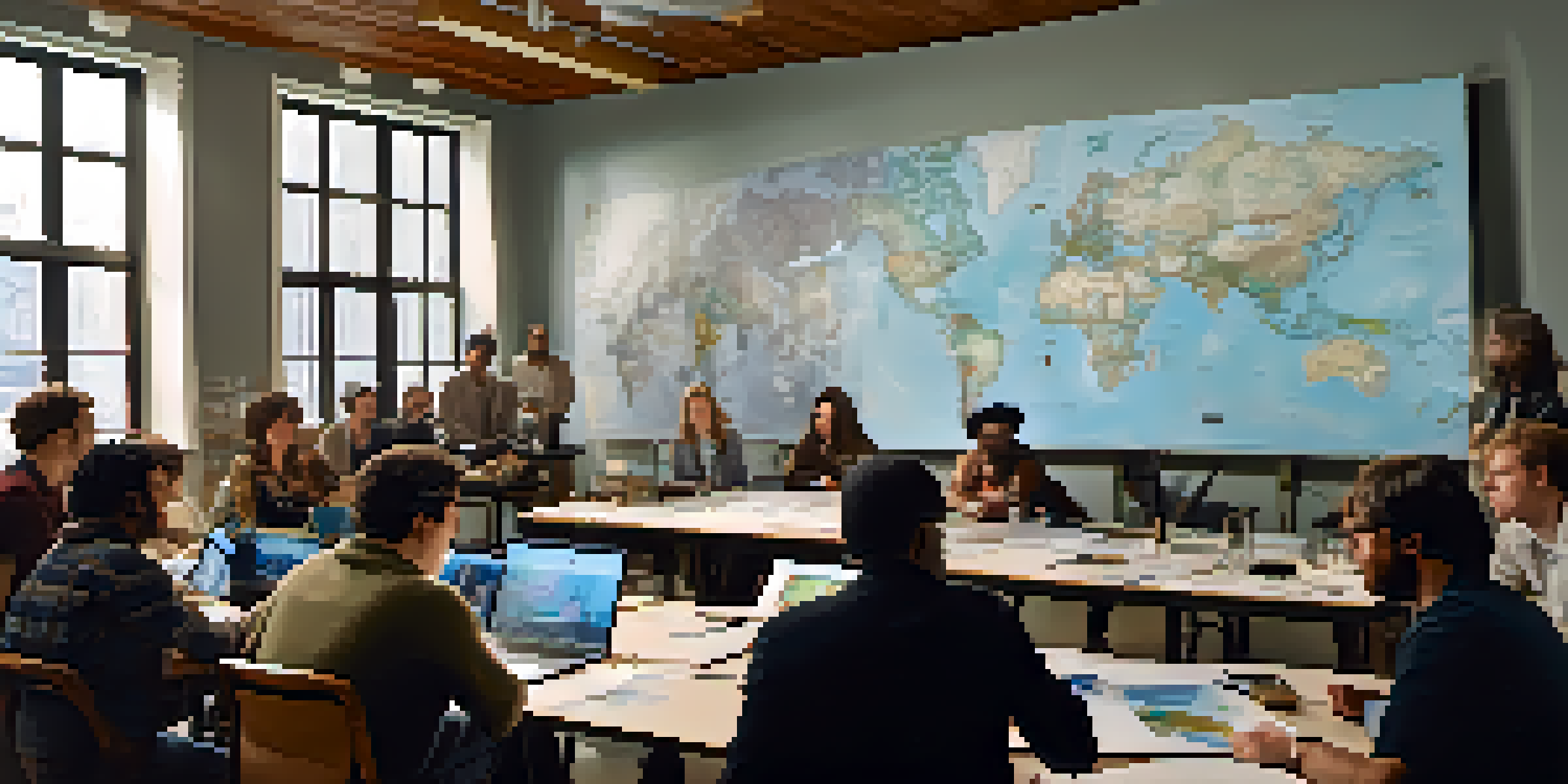 A diverse group of filmmakers in a well-lit room, discussing documentary ideas around a table with cameras and a world map on the wall.