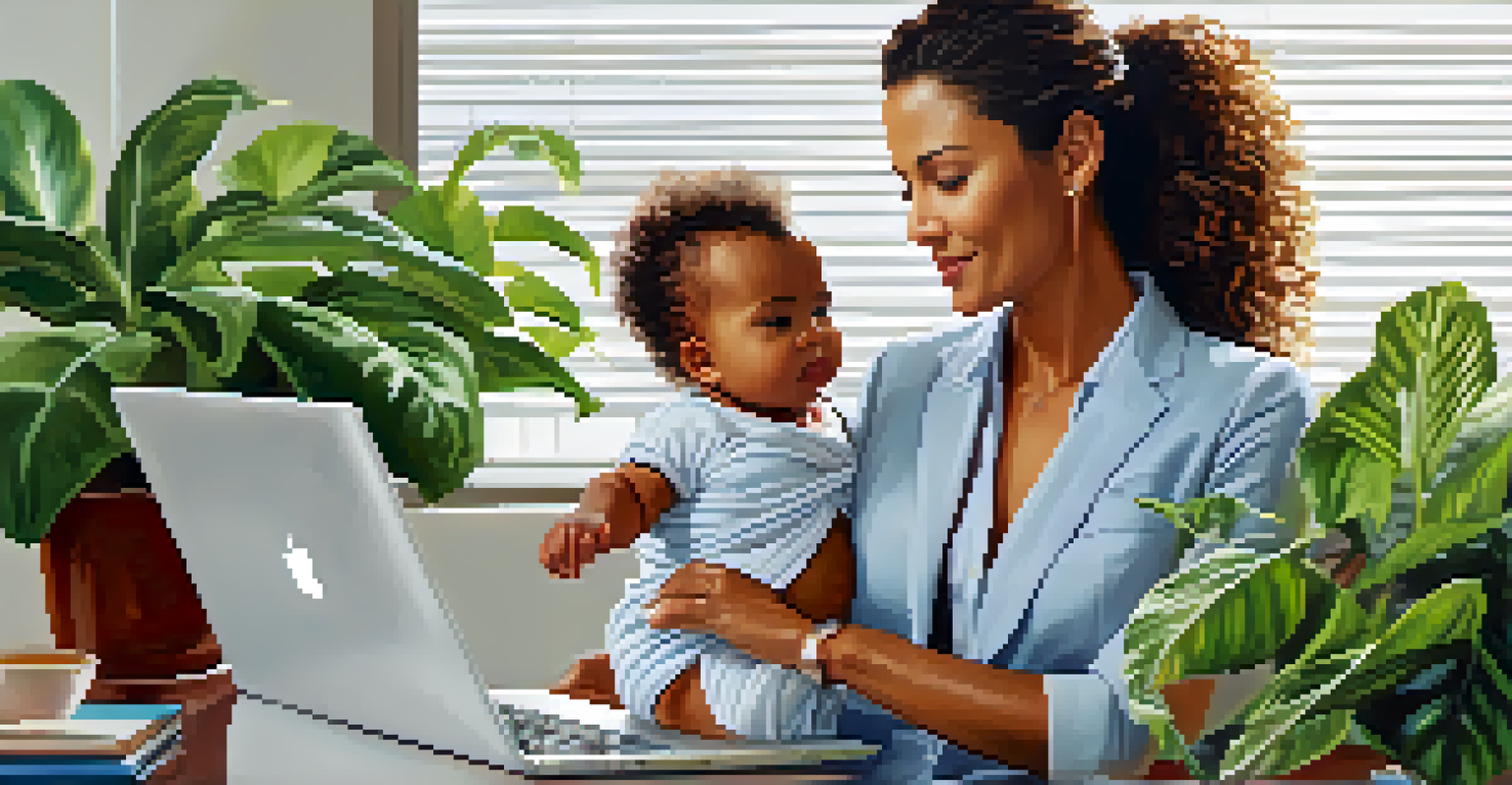 A working mother multitasking in an office while holding her baby, reflecting both professionalism and motherhood.