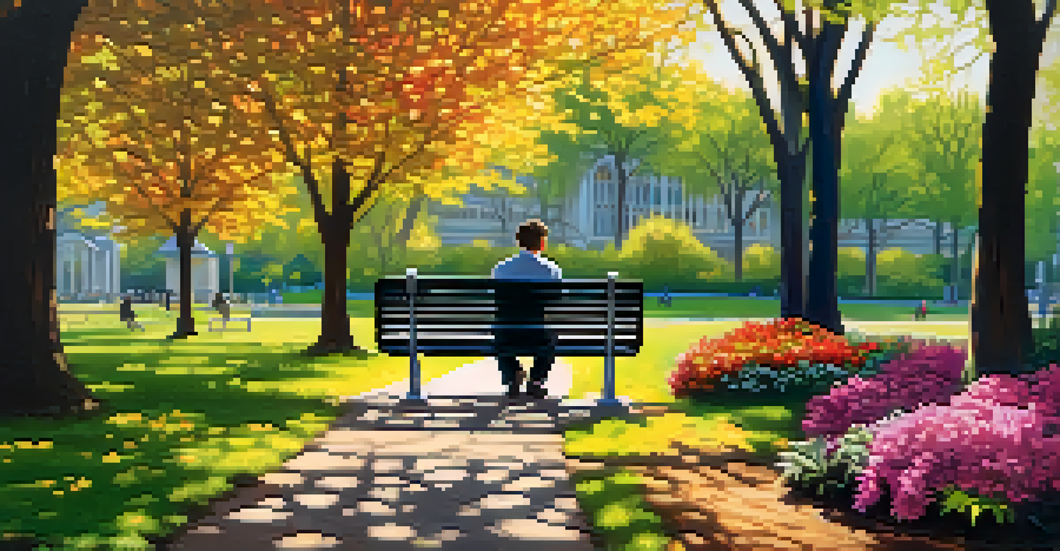 A person on a park bench writing in a notebook, surrounded by colorful flowers and trees under soft sunlight.