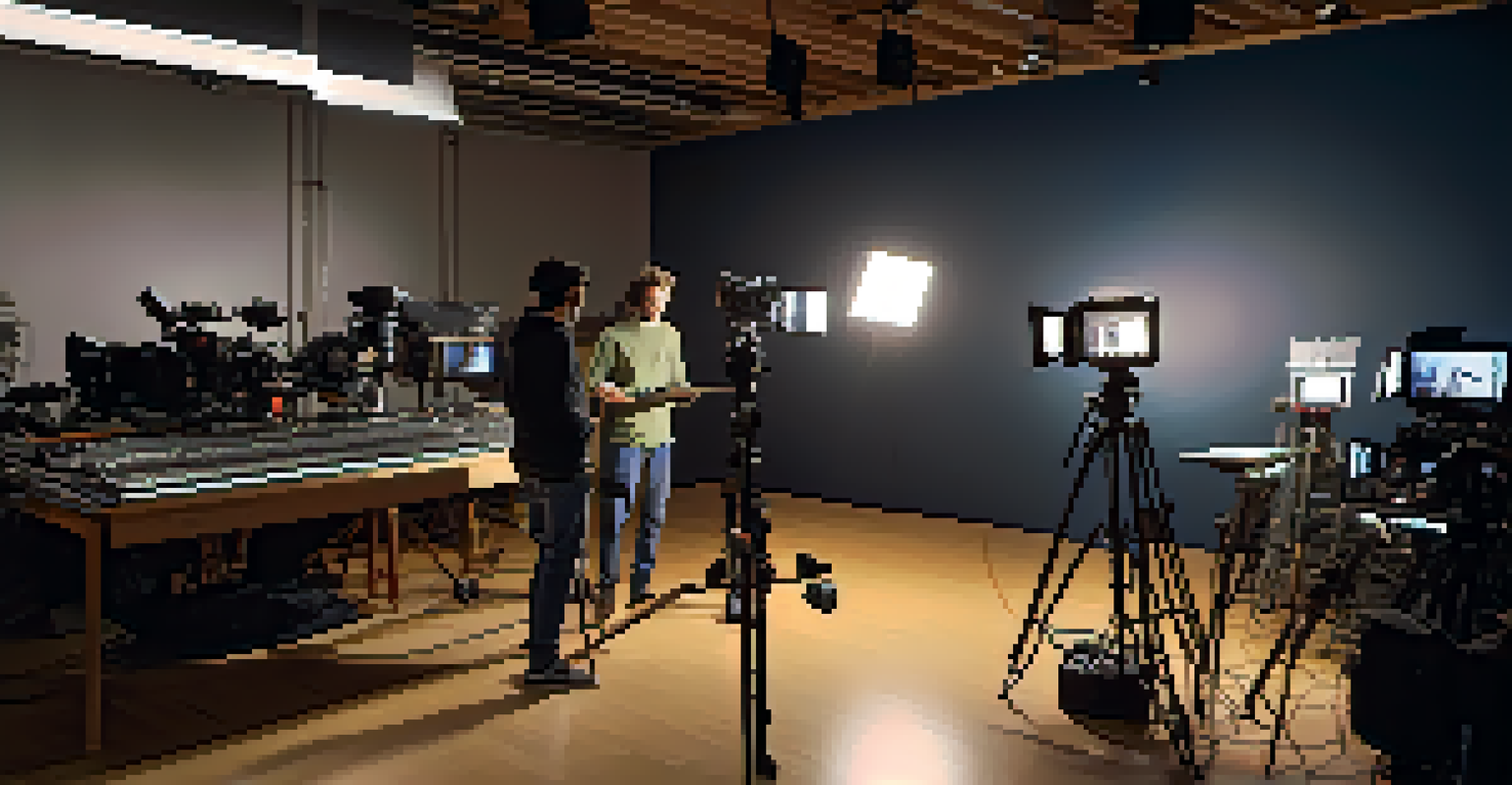 A filmmaker working in a studio filled with cameras and editing equipment, illuminated by soft lighting.