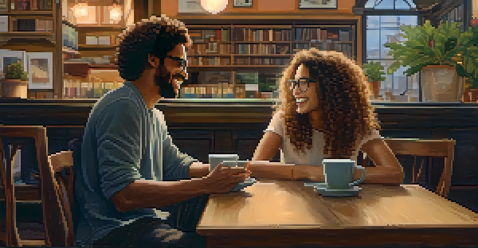 A couple in a coffee shop, laughing over coffee, surrounded by books and plants.