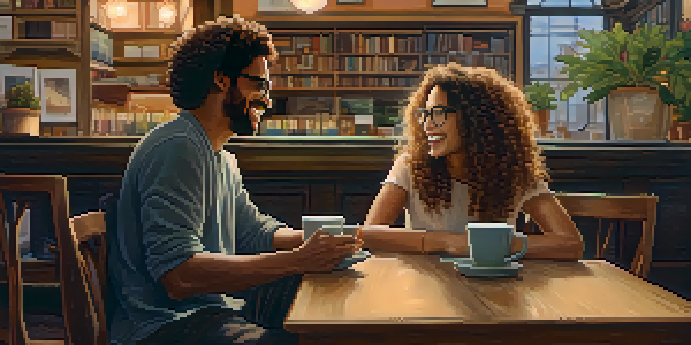 A couple in a coffee shop, laughing over coffee, surrounded by books and plants.