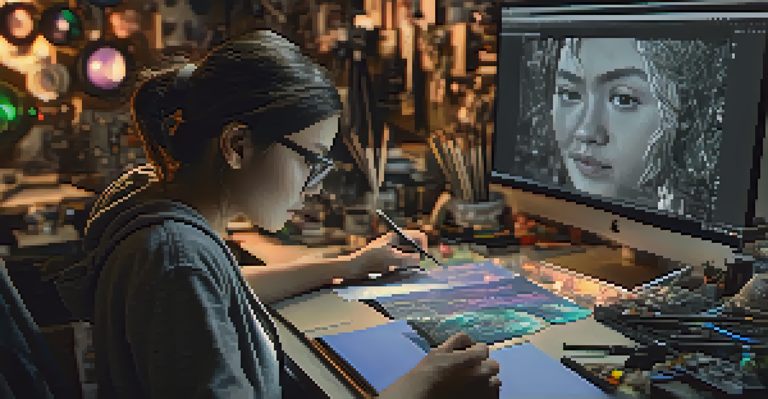 A visual effects artist working intently at a computer, surrounded by tools and sketches, with dramatic lighting.