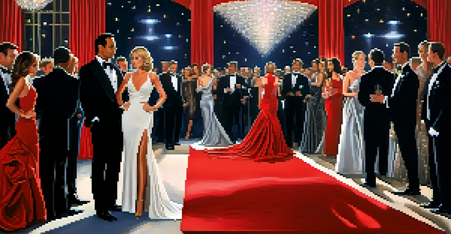 Celebrities on a red carpet event wearing glamorous evening gowns and suits, with soft lighting and a sparkling backdrop.