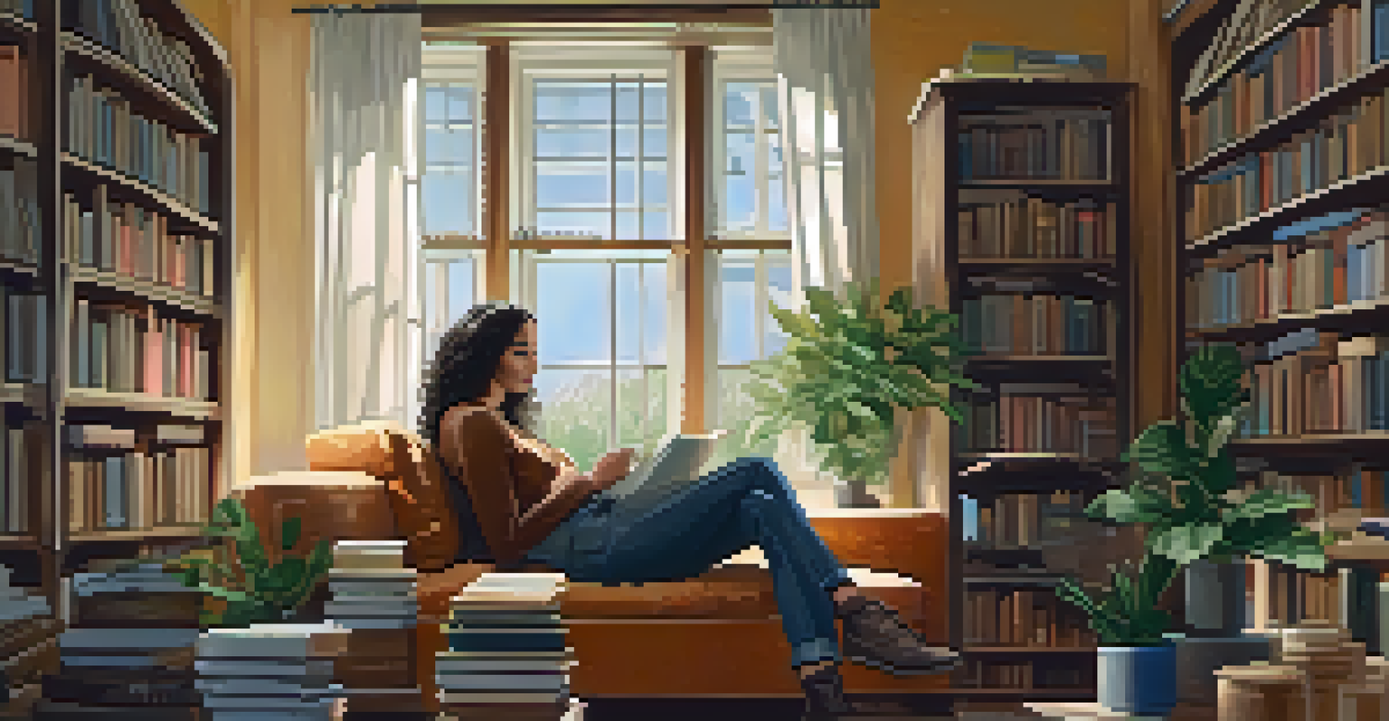 A celebrity activist contemplating in a sunlit room filled with books and plants.