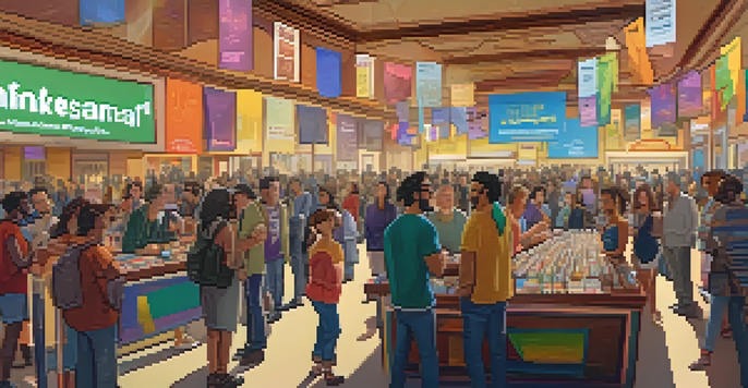 A lively film festival with diverse filmmakers and attendees conversing amidst colorful banners and film posters, illuminated by soft golden lighting.