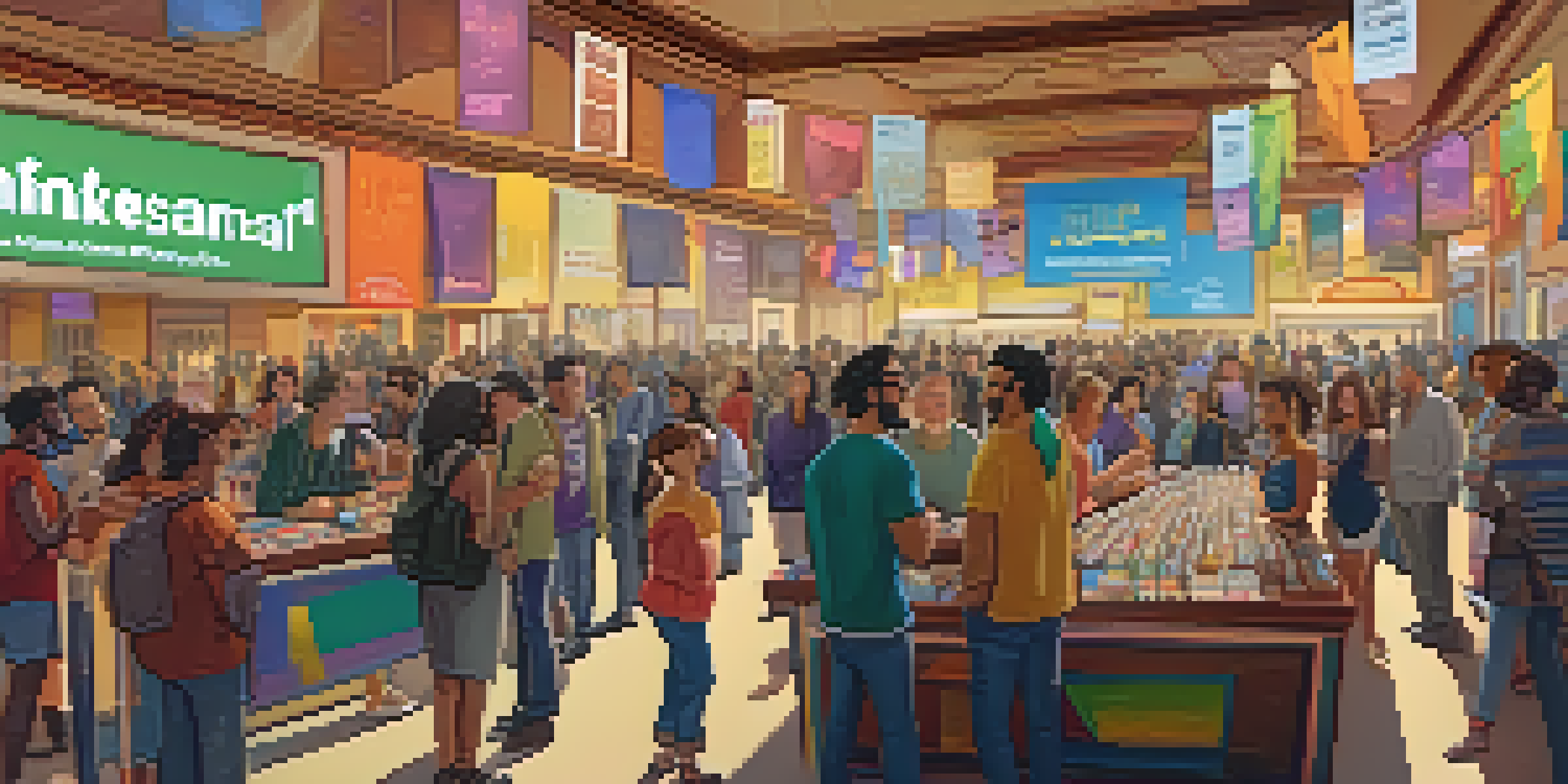 A lively film festival with diverse filmmakers and attendees conversing amidst colorful banners and film posters, illuminated by soft golden lighting.