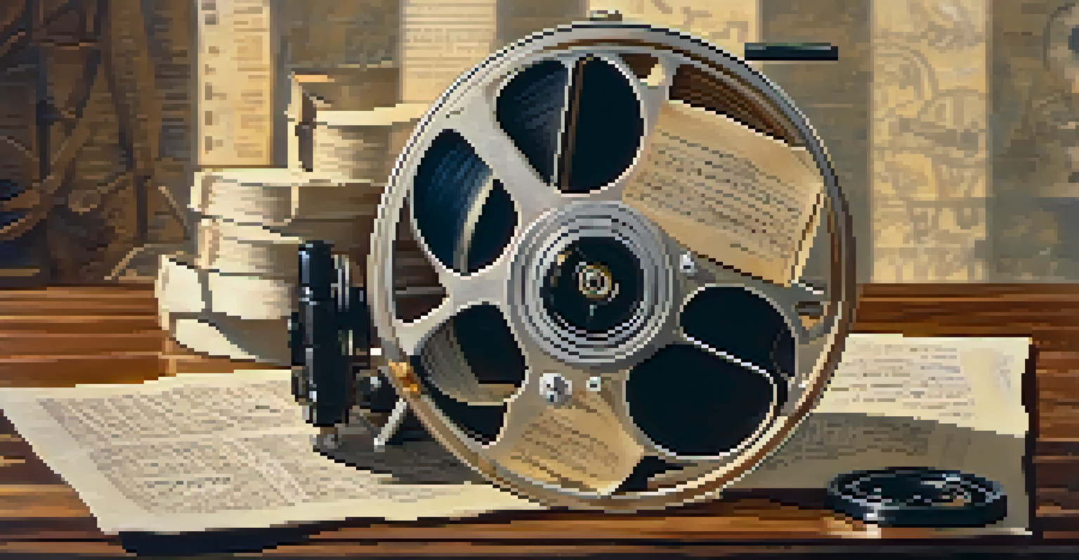 A close-up of a film reel, script pages, and a vintage camera on a wooden table, symbolizing filmmaking.