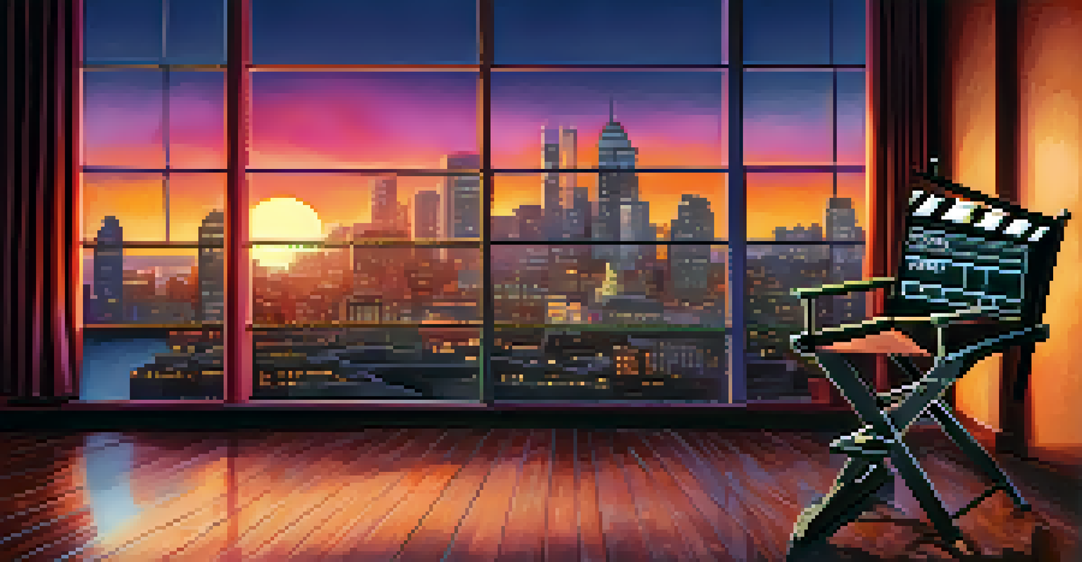 A film set with a director's chair, clapperboard, studio lights, and a city skyline backdrop illuminated by sunset colors.