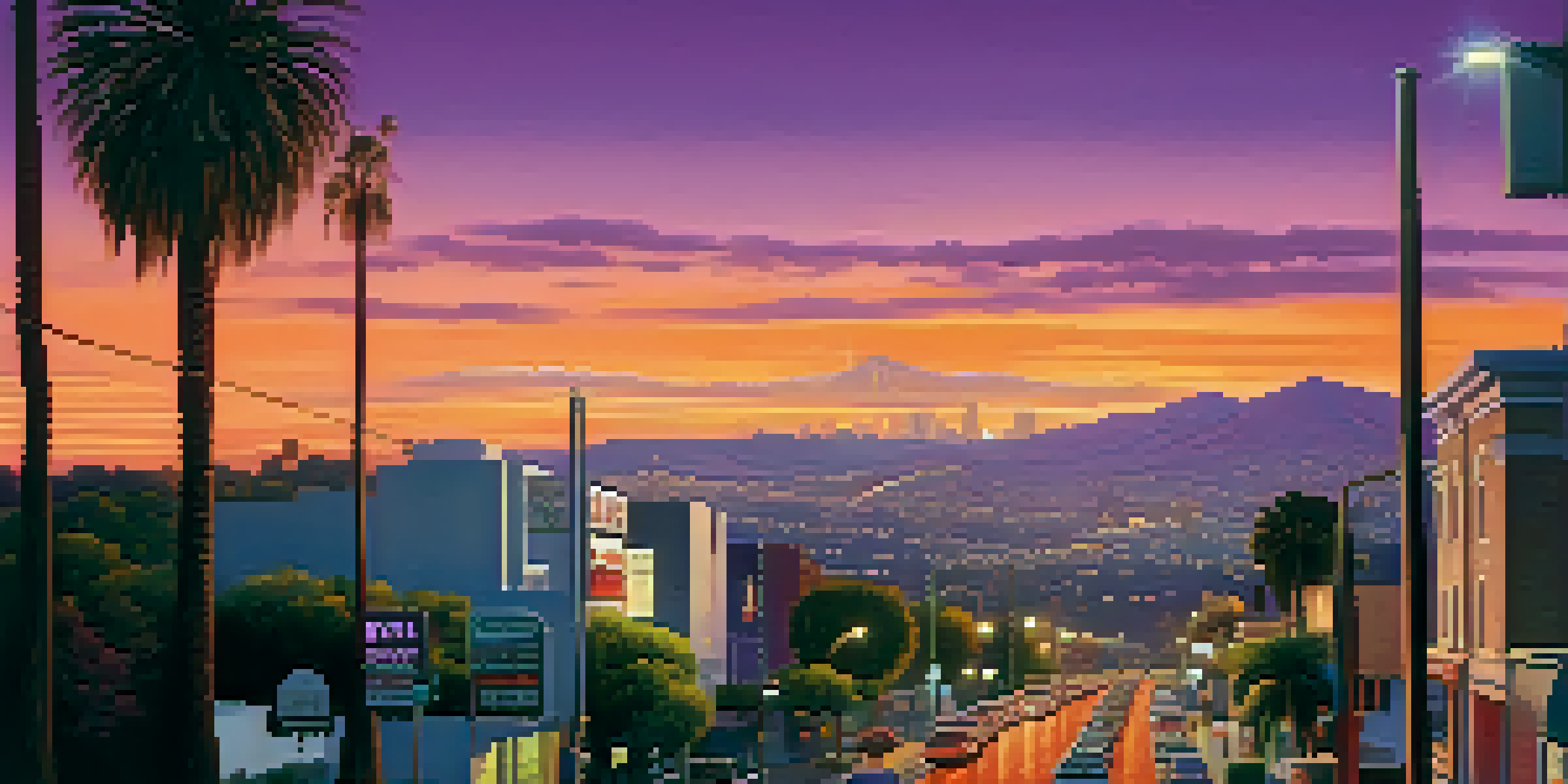 A colorful city skyline at sunset featuring Hollywood landmarks and people of various backgrounds enjoying the environment.