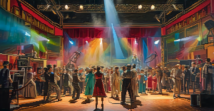 A lively film set with diverse actors in costumes rehearsing, surrounded by colorful props and bright lighting.
