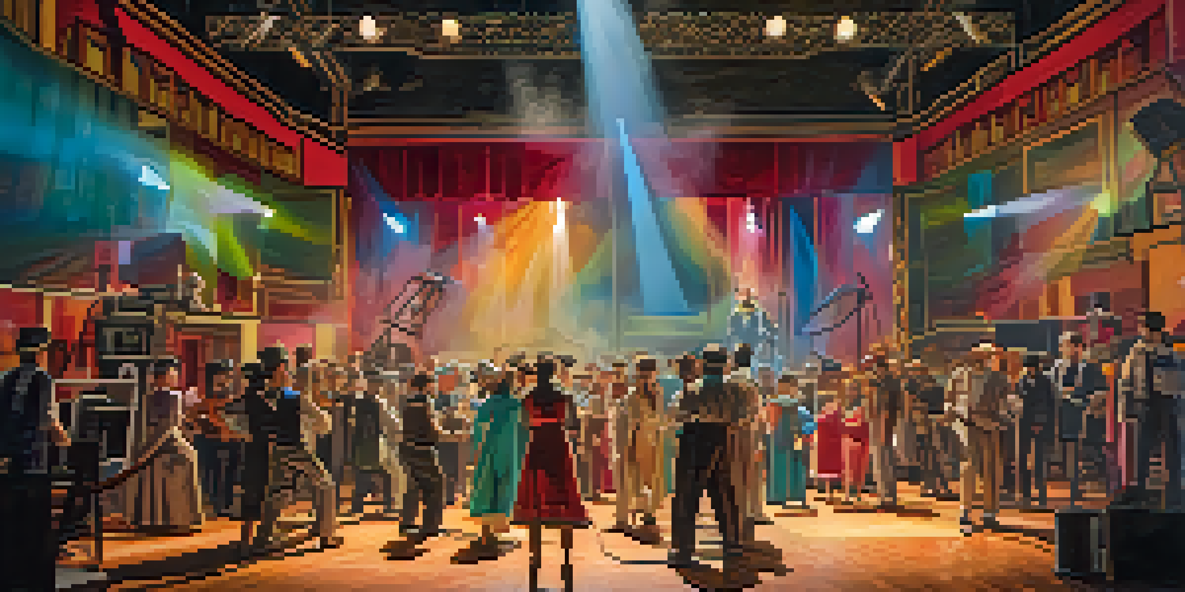 A lively film set with diverse actors in costumes rehearsing, surrounded by colorful props and bright lighting.