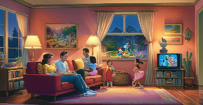 A family gathered in a cozy living room watching a Disney animated movie, with colorful decorations and warm lighting.