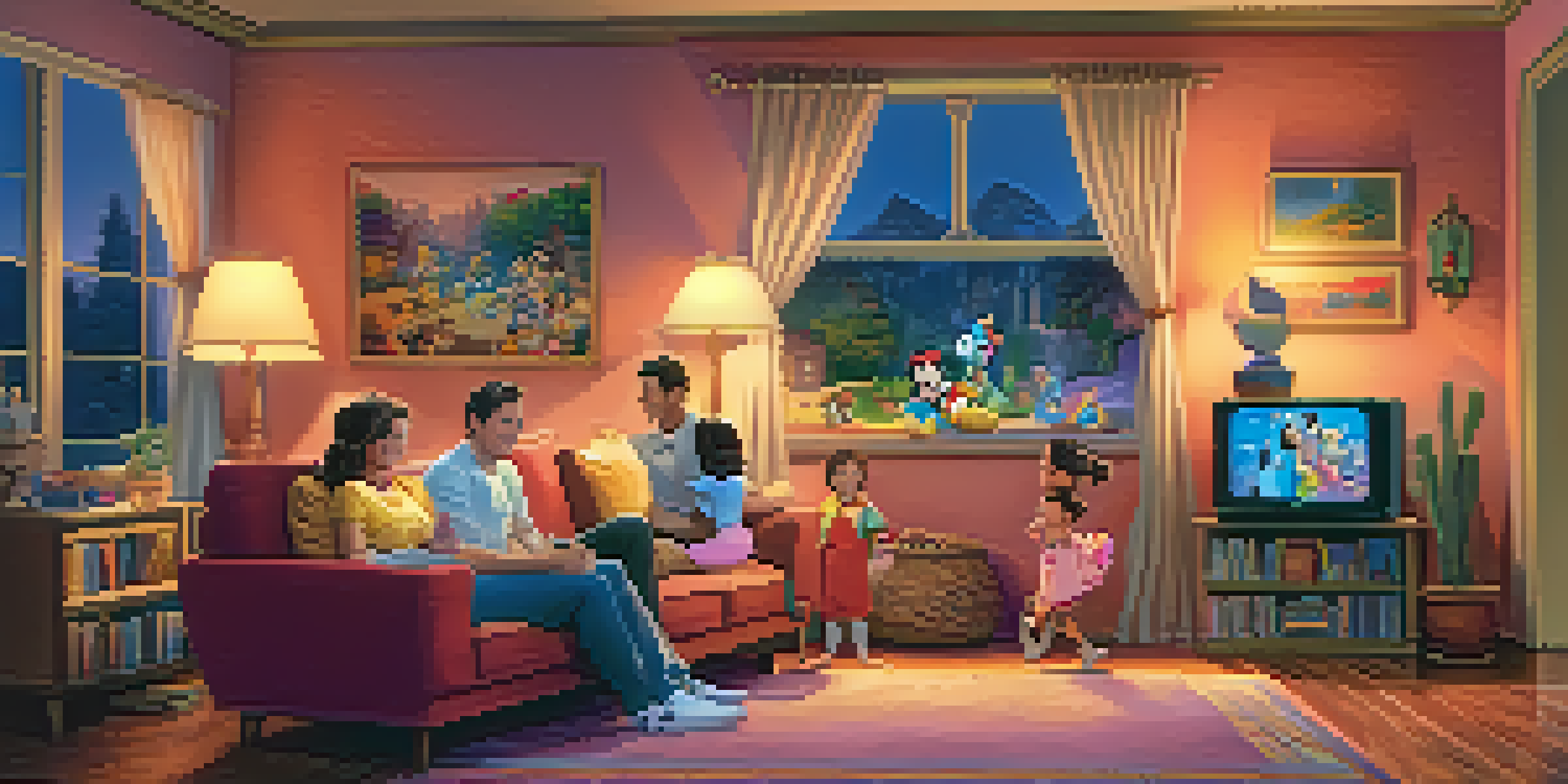 A family gathered in a cozy living room watching a Disney animated movie, with colorful decorations and warm lighting.