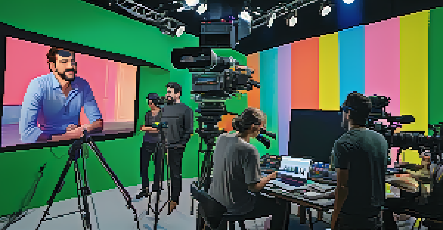 A film set with crew members in masks, practicing social distancing, and using technology to communicate during a production.