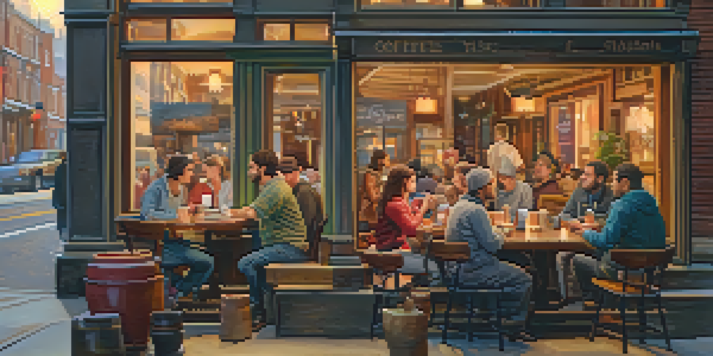 A cozy coffee shop with friends having a conversation, warm lighting and rustic decor.