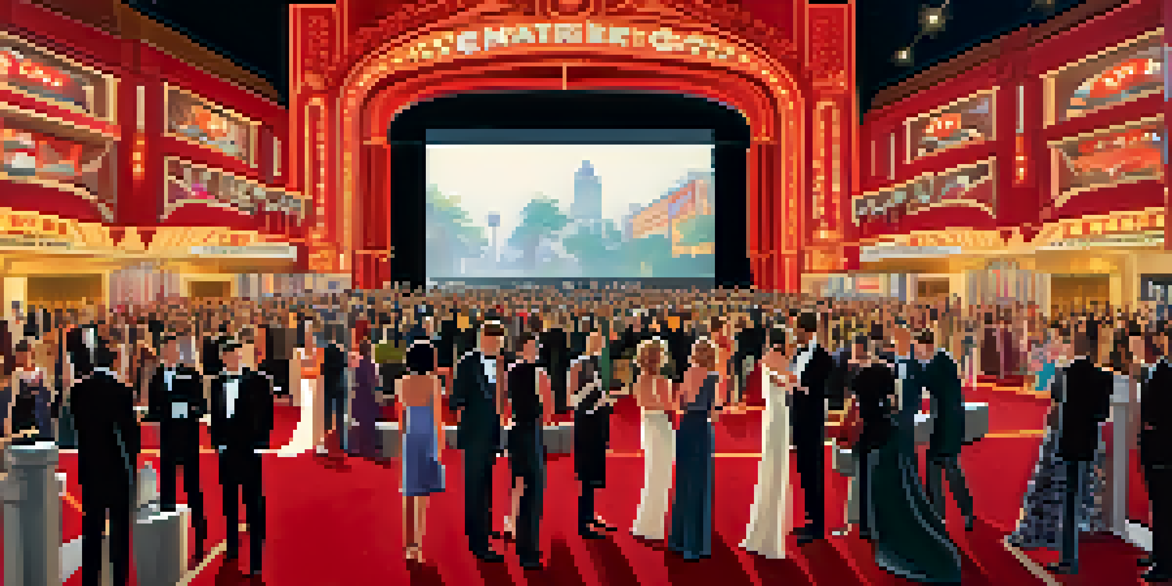 A lively Hollywood film festival scene with a red carpet, celebrities, and a grand theater in the background.