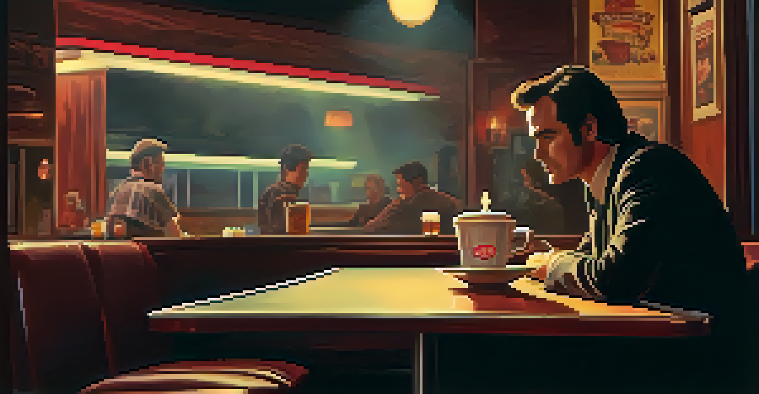 A close-up of a steaming cup of coffee on a table in a dimly lit retro diner, with a shadowy figure in the background.