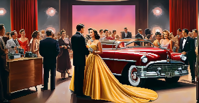 A glamorous actress in a vintage 1950s Hollywood film set, surrounded by classic film posters and crew members.