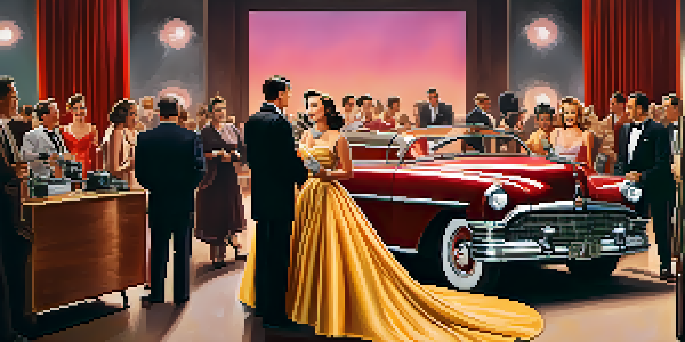 A glamorous actress in a vintage 1950s Hollywood film set, surrounded by classic film posters and crew members.