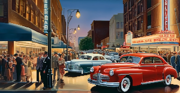 A 1940s Hollywood street scene with vintage cars, classic movie theaters, and elegantly dressed pedestrians under street lamps.