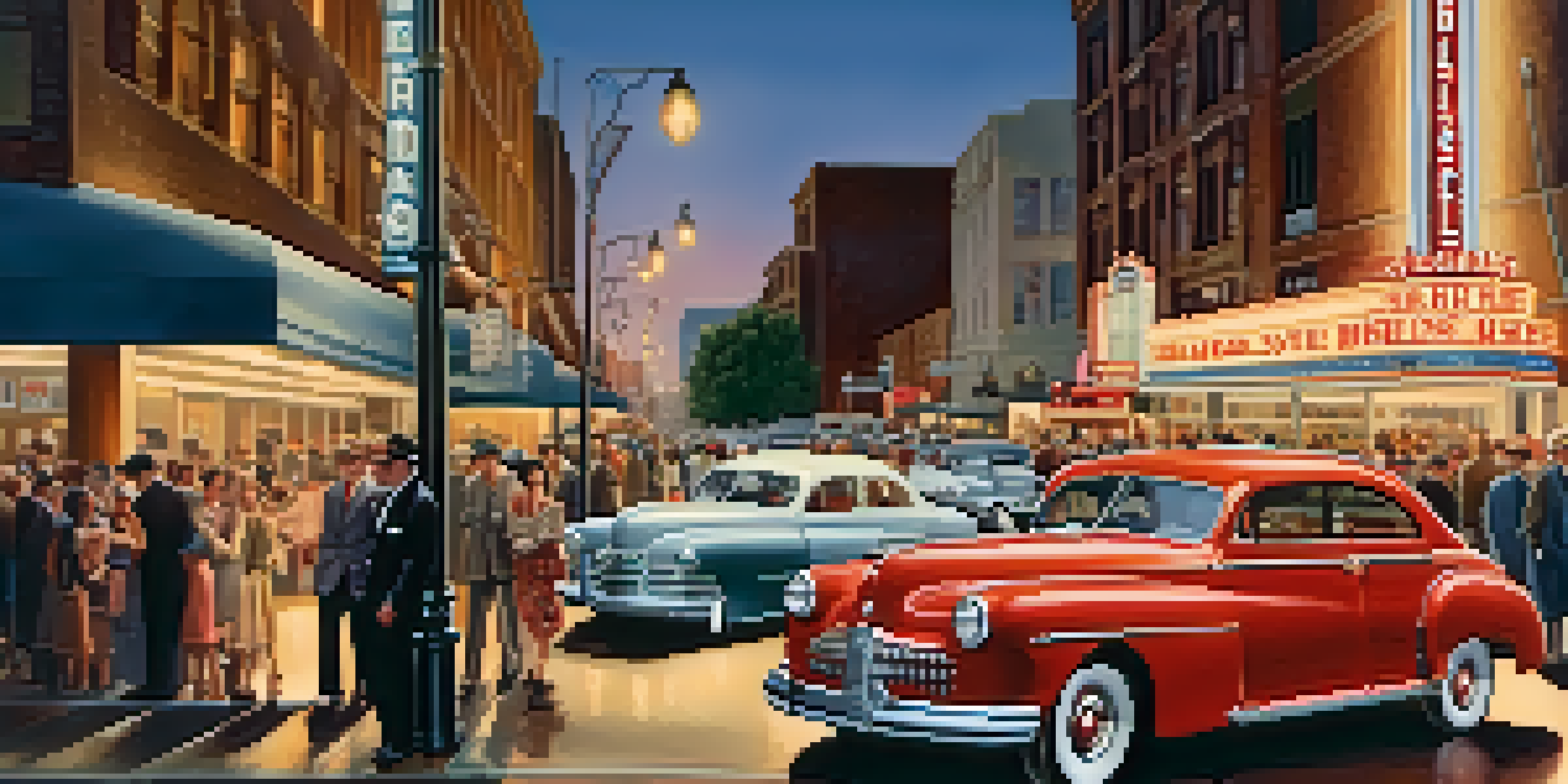 A 1940s Hollywood street scene with vintage cars, classic movie theaters, and elegantly dressed pedestrians under street lamps.