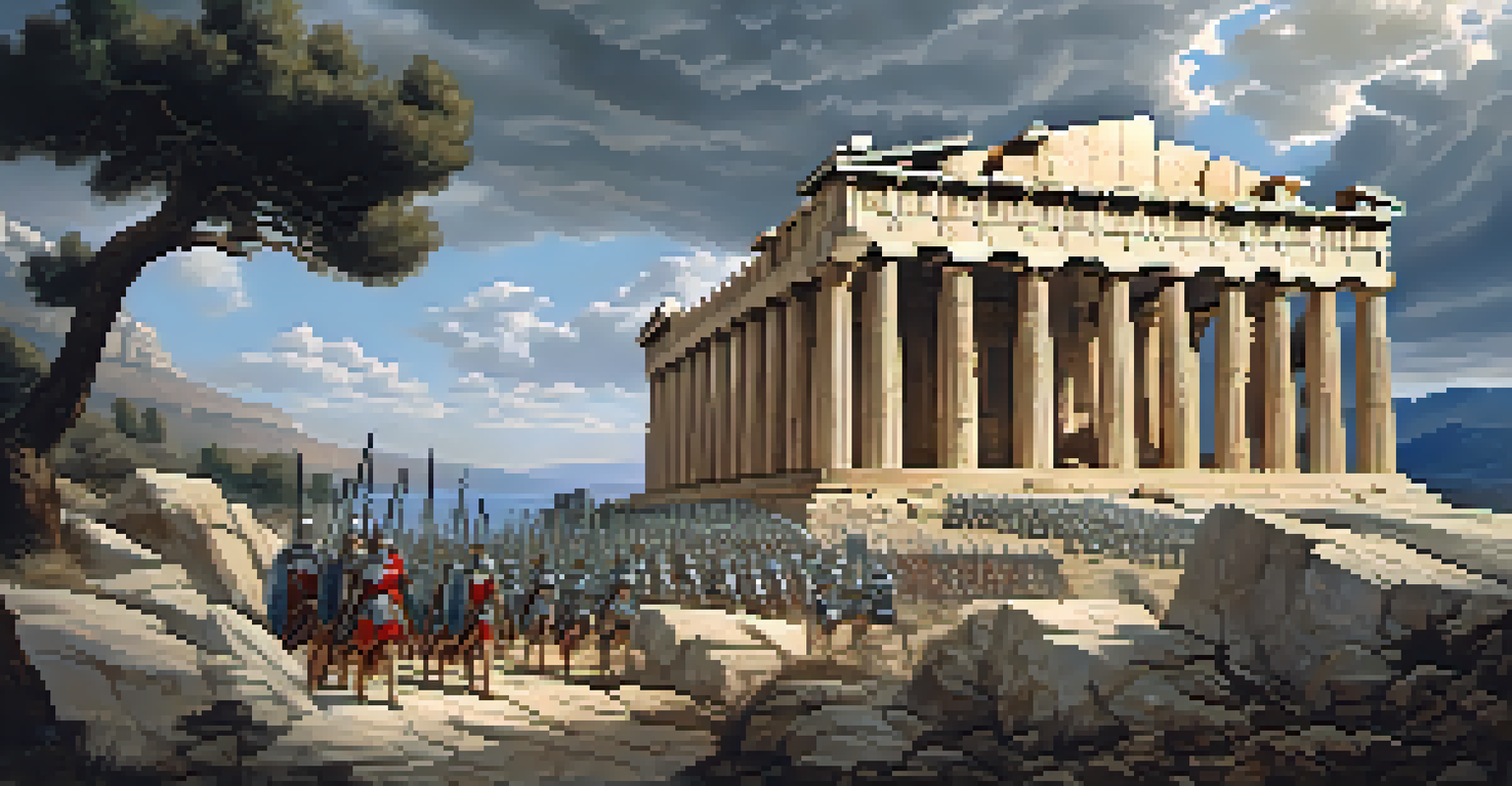 Two heroic warriors battle on rocky terrain, with the Parthenon in the background under a stormy sky.