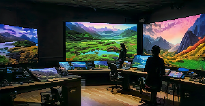 A visual effects artist in a modern studio, working on 3D models with multiple monitors and colorful LED lights.