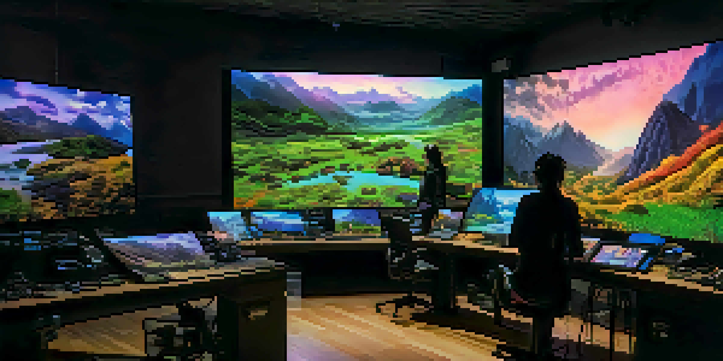A visual effects artist in a modern studio, working on 3D models with multiple monitors and colorful LED lights.