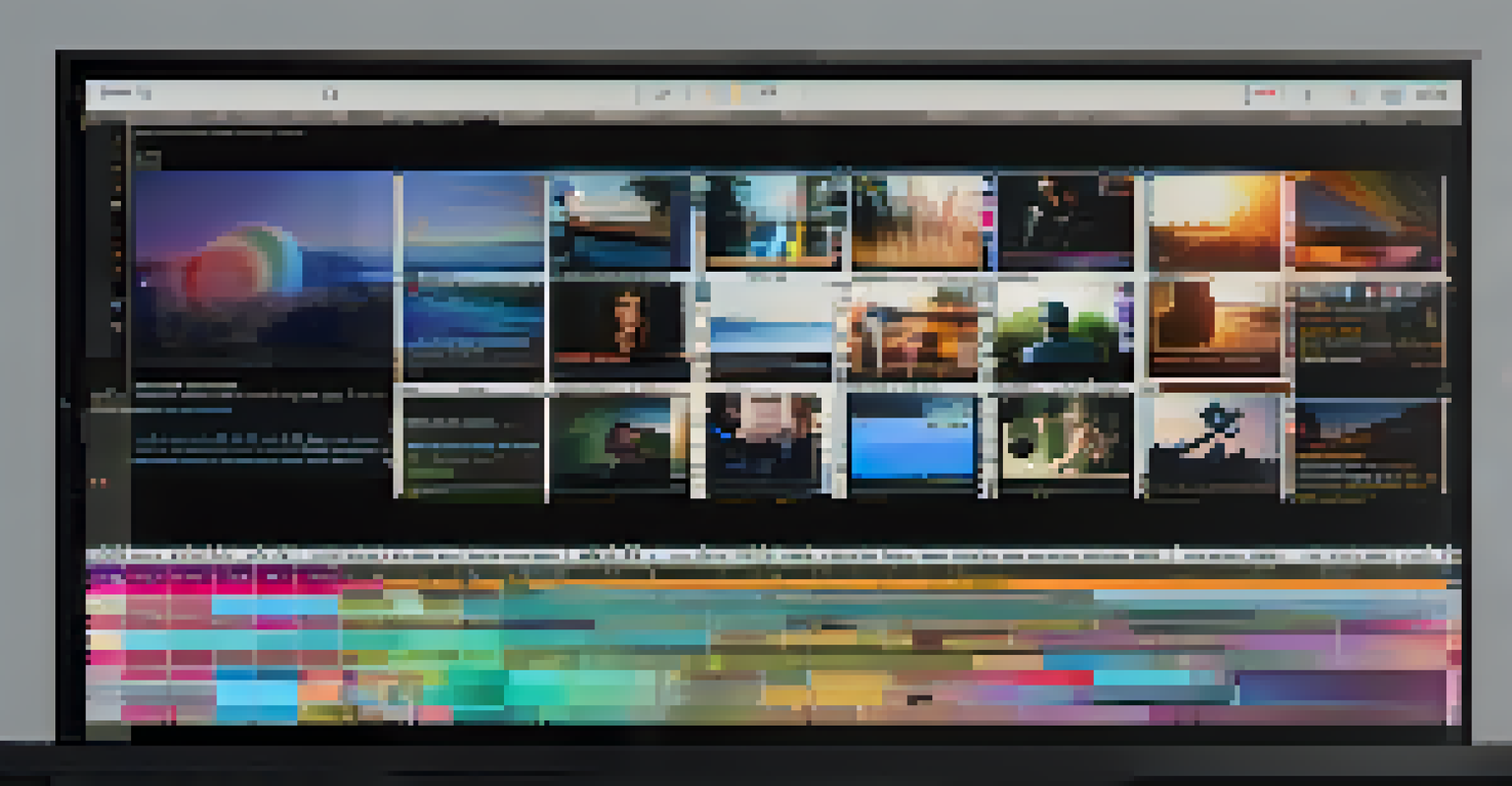 A close-up of a colorful film editing timeline on a computer screen, with various clips and transitions, against a blurred background.