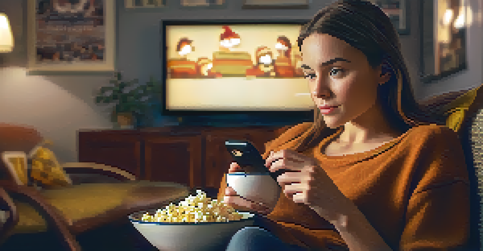A young woman watching a movie on her phone with a joyful expression, surrounded by a cozy living room with movie posters and popcorn.