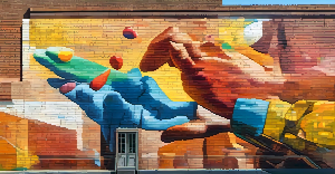 An artist's hand painting a mural on a brick wall, showcasing colorful abstract shapes representing addiction struggles.