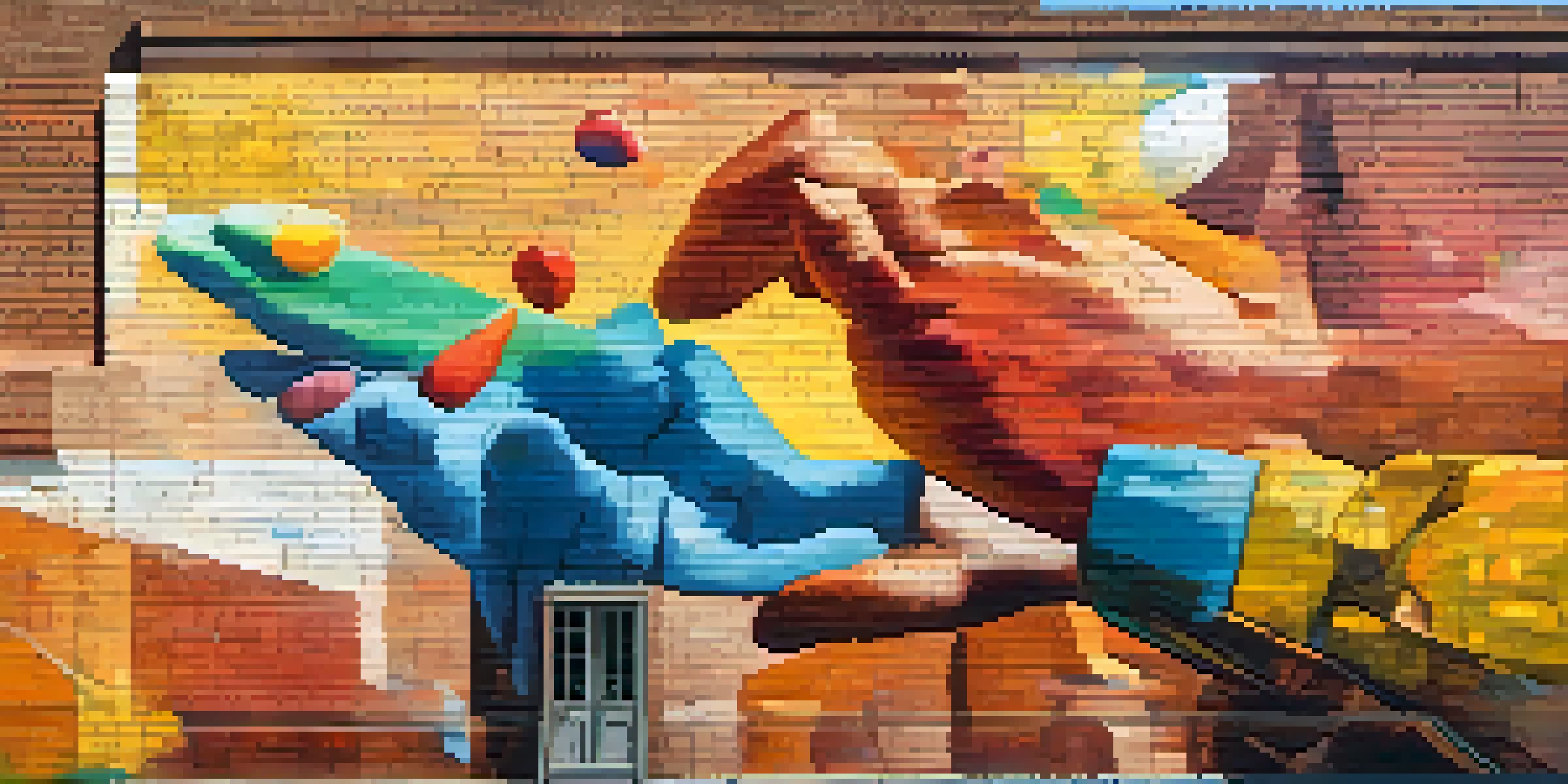 An artist's hand painting a mural on a brick wall, showcasing colorful abstract shapes representing addiction struggles.