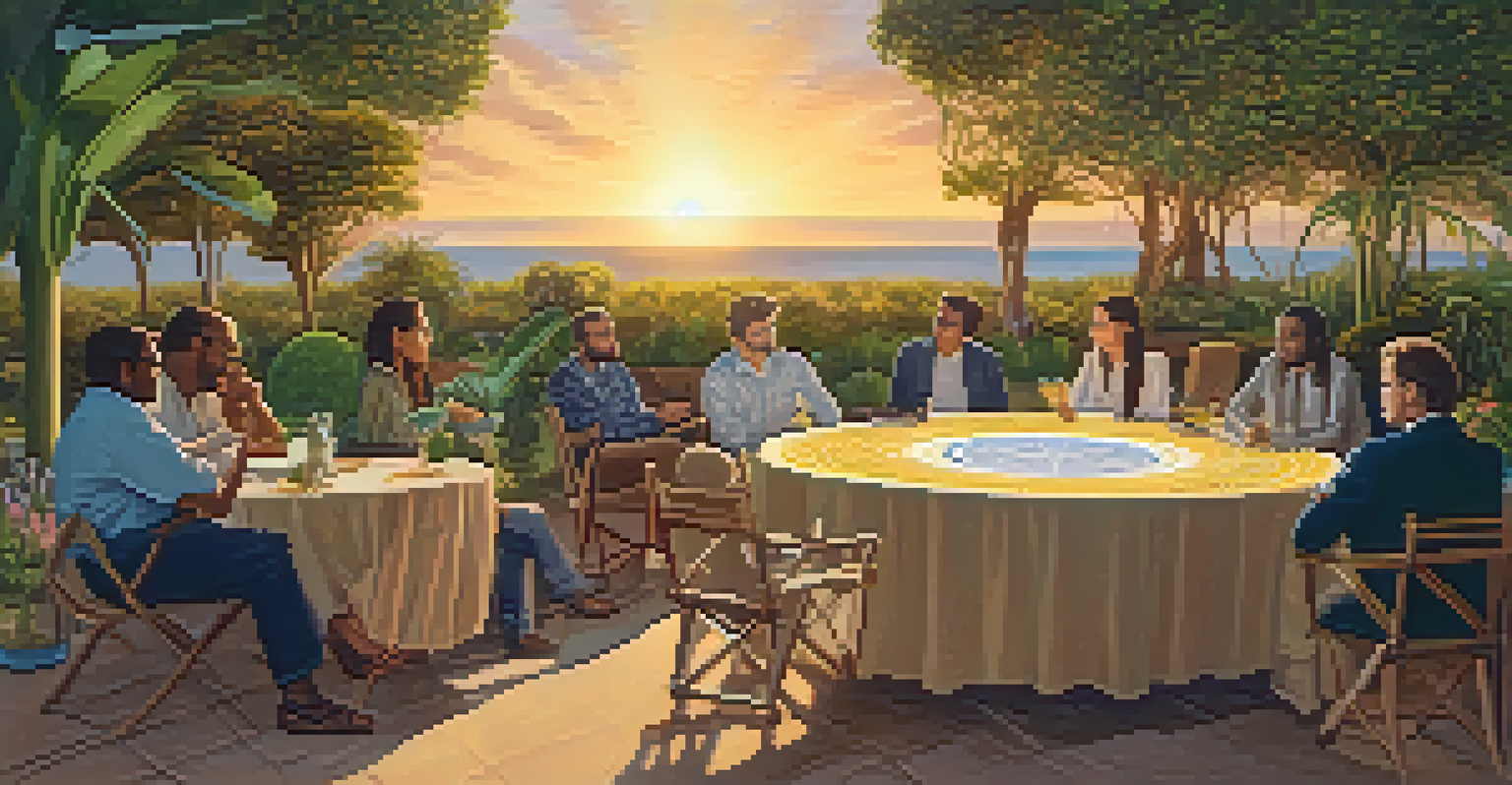 Filmmakers discussing a project outdoors, with a projector displaying scenes from their film against a sunset.