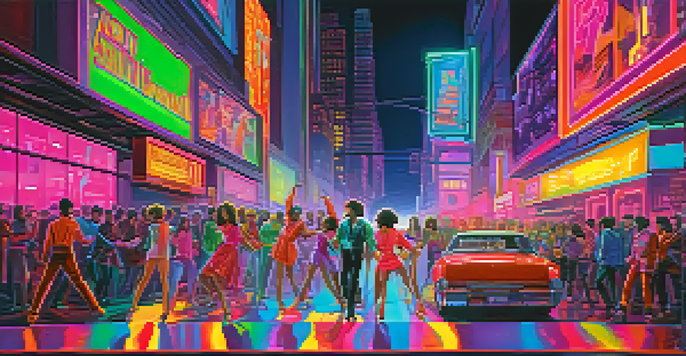 A lively dance scene from a retro-inspired 1980s music video, featuring neon colors, an urban backdrop, and dancers in colorful outfits.