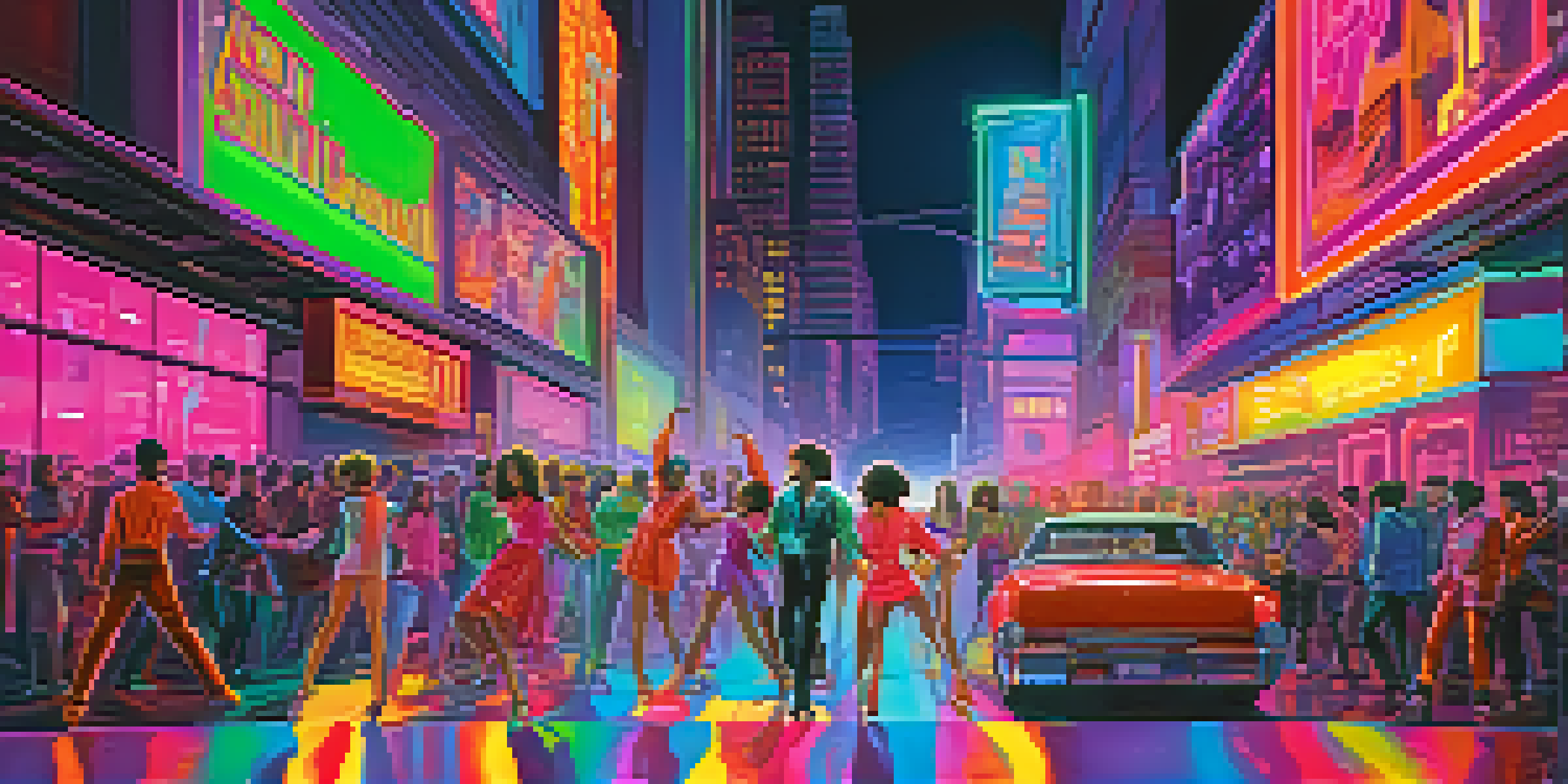 A lively dance scene from a retro-inspired 1980s music video, featuring neon colors, an urban backdrop, and dancers in colorful outfits.