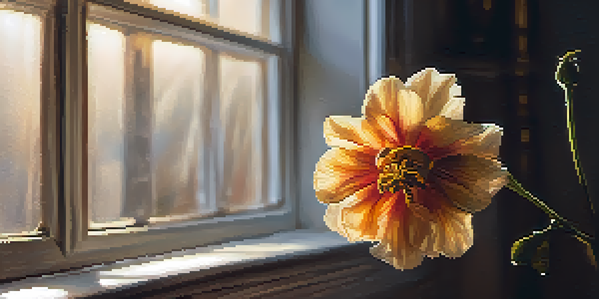 A close-up of a withering flower, highlighting the drooping petals and soft lighting that symbolizes lost hope.