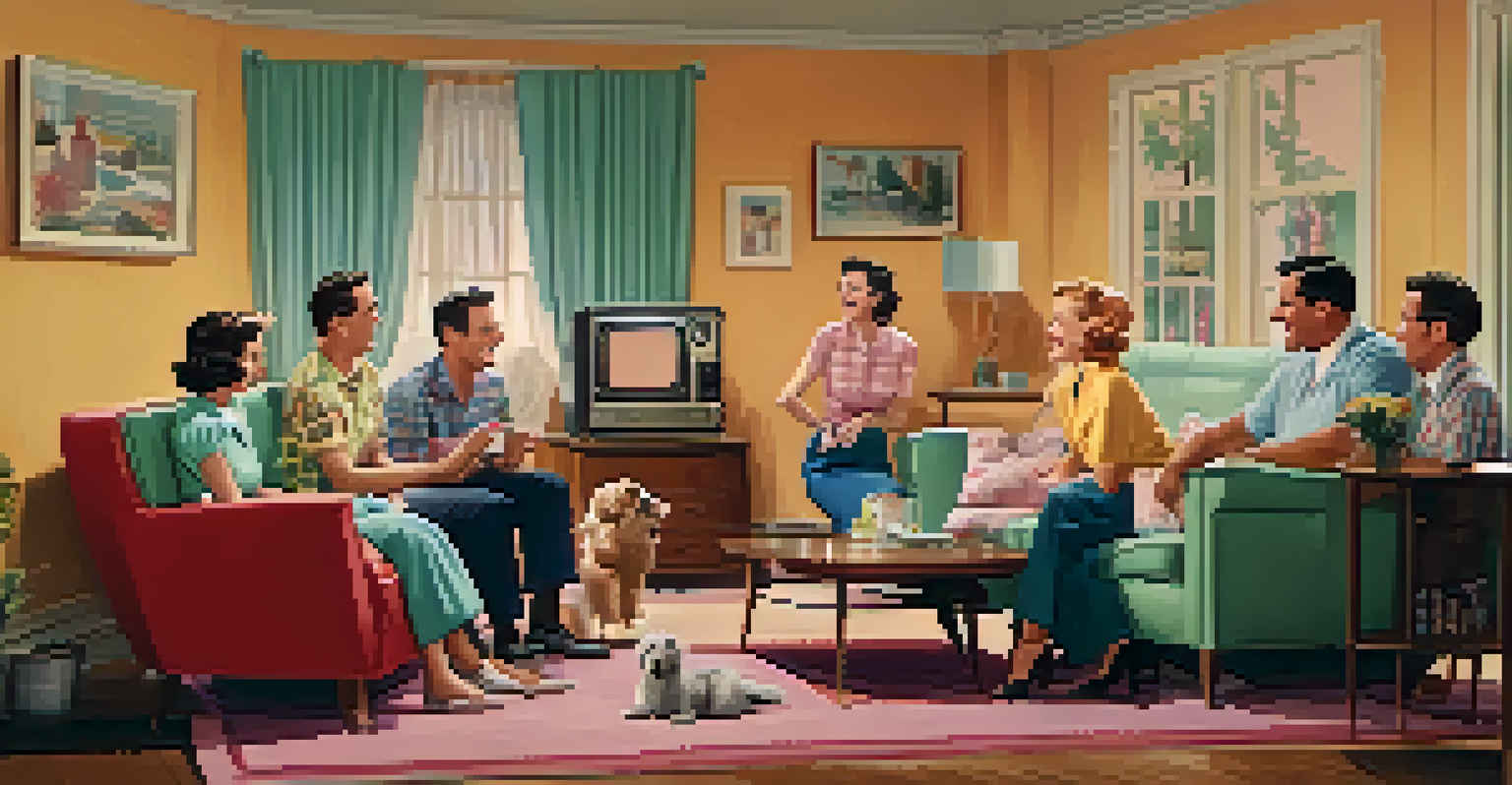 A lively 1950s living room with a family gathered around a television watching a sitcom, featuring retro furniture and pastel colors.