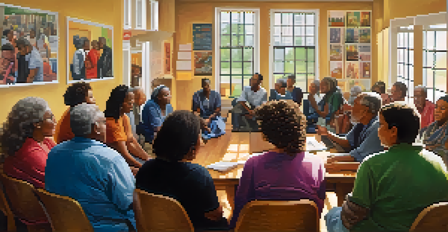 A diverse group of individuals engaged in a discussion about social change in a warmly lit community center.