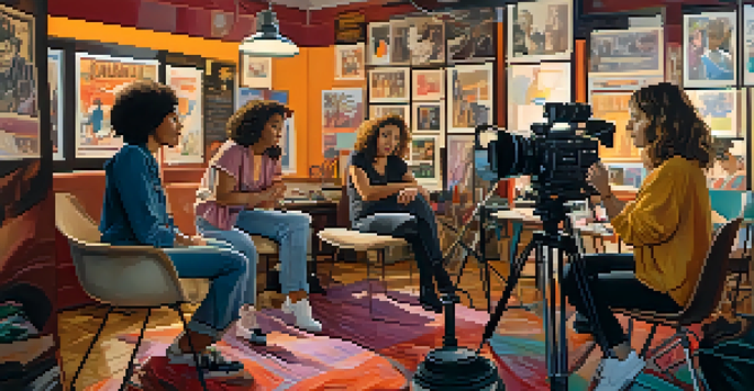 A diverse group of women filmmakers working together on a film set, discussing a script with camera equipment around them.