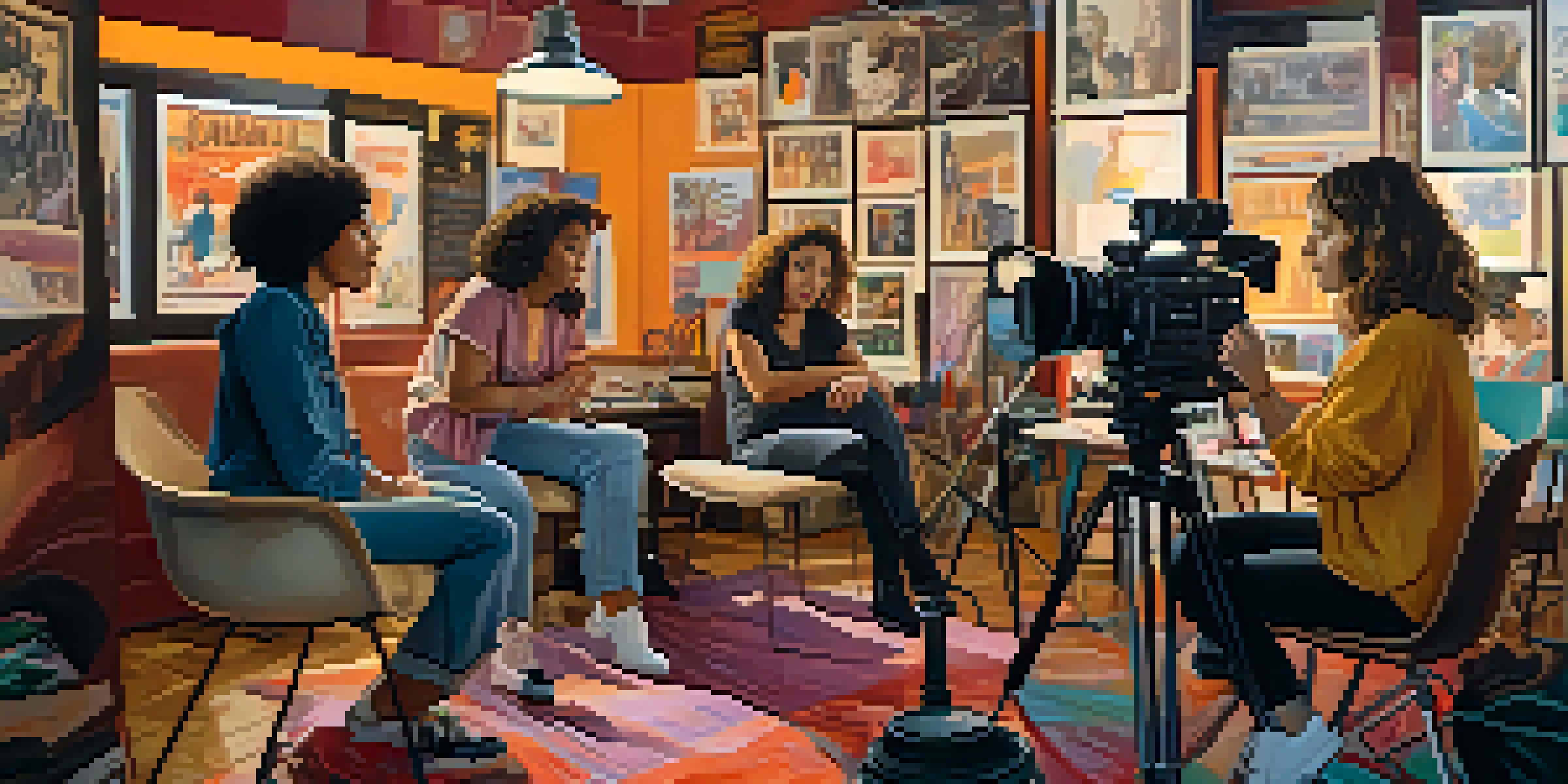 A diverse group of women filmmakers working together on a film set, discussing a script with camera equipment around them.