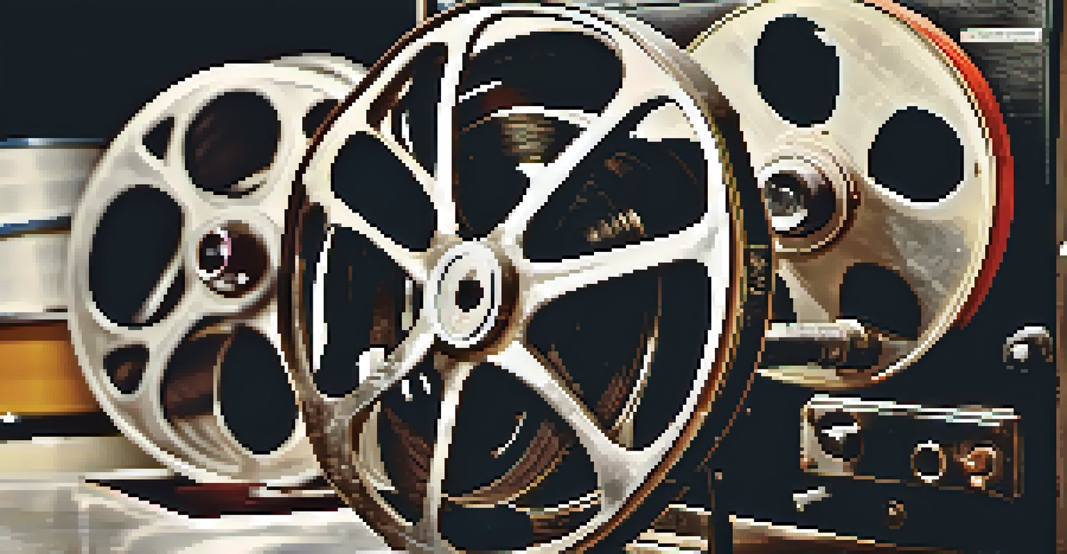 A close-up of an old film reel being scanned in a modern restoration setup, highlighting the contrast between old and new technology.