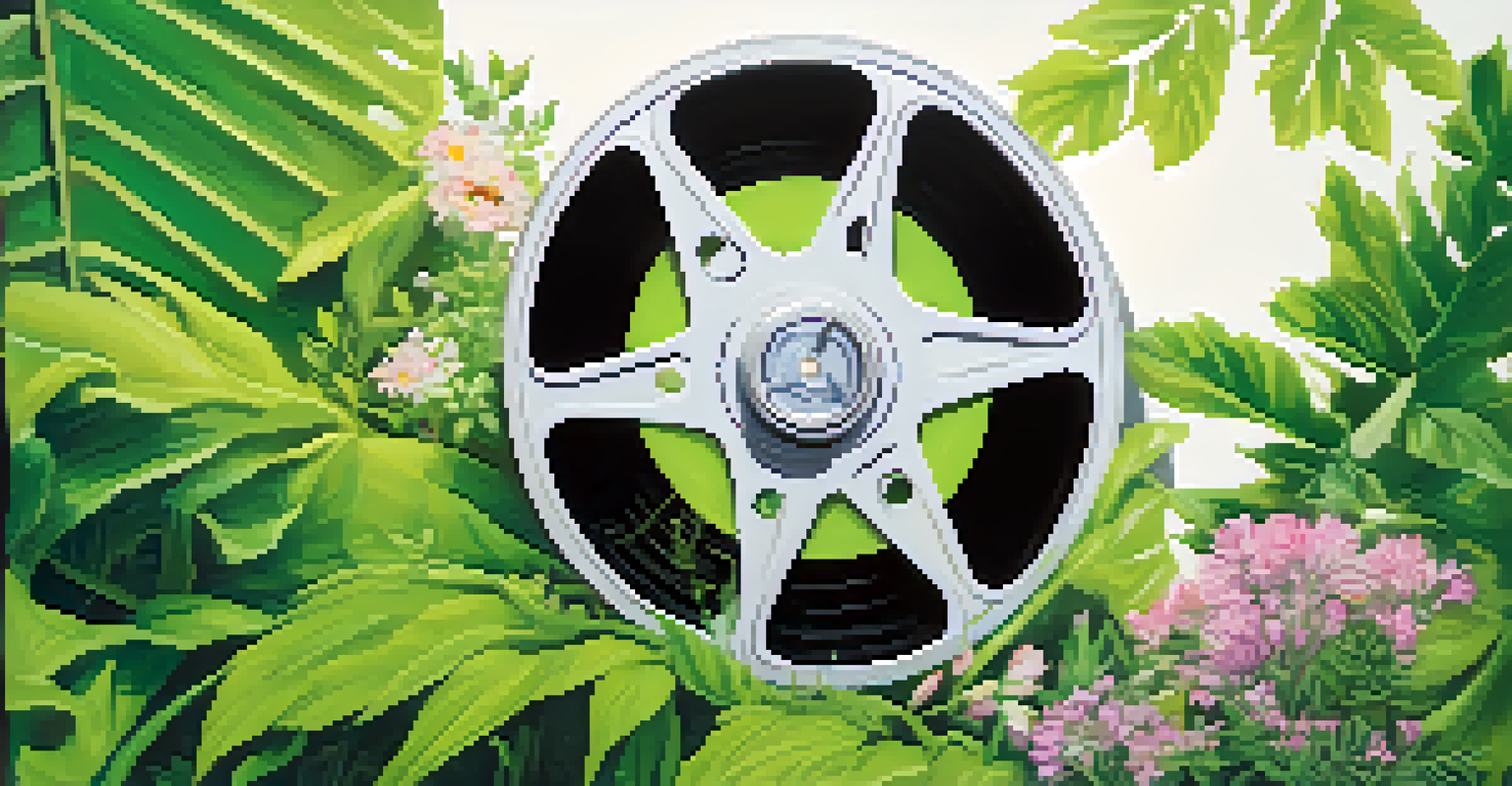 A film reel surrounded by leaves and flowers, symbolizing the connection between cinema and nature.