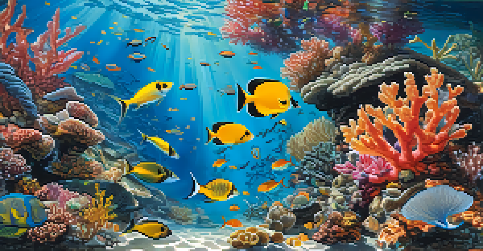An underwater coral reef scene with colorful fish and sunlight filtering through the water.