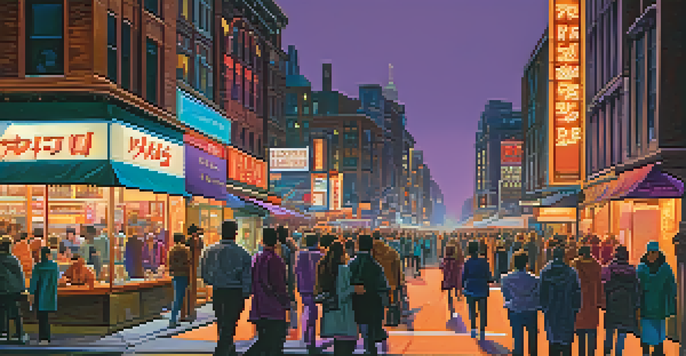 A lively city street in the evening, filled with people and illuminated by colorful neon lights.